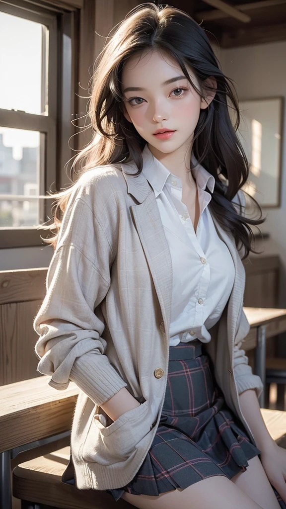 ((masterpiece:1.2, Highest quality, High resolution, 8K, Super detailed:1.2, Realistic:1.37)), pretty girl (((slouch))):1.5, In the classroom, The whole body is visible:1.5, 学生Clothes(blazer+Checked skirt), Beautiful delicate(hair,face,eye,lips,Clothes),Delicate eyes,sparkling eye,bright rosy lips, Tilt your head,