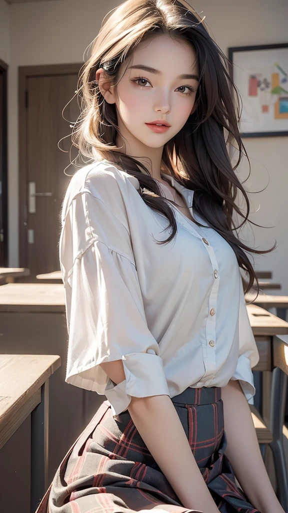 ((masterpiece:1.2, Highest quality, High resolution, 8K, Super detailed:1.2, Realistic:1.37)), pretty girl (((slouch))):1.5, In the classroom, The whole body is visible:1.5, 学生Clothes(blazer+Checked skirt), Beautiful delicate(hair,face,eye,lips,Clothes),Delicate eyes,sparkling eye,bright rosy lips, Tilt your head,