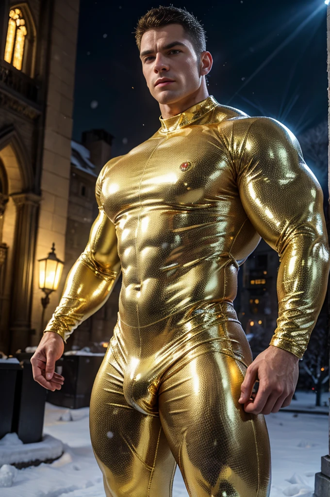 ultra high res, best quality, photo, 4k, (photorealistic:1.4), cinematic lighting, a muscular man, abdominal muscle, wearing gold shiny tight latex suit, cyberpunk environment, snow and environment in the background, cathedral of , portal of the future, volumetric light, HD, magic, god light, backlighting, detailed face, contrapposto,tight suit showing his muscular features,big biceps,muscular body,big body
