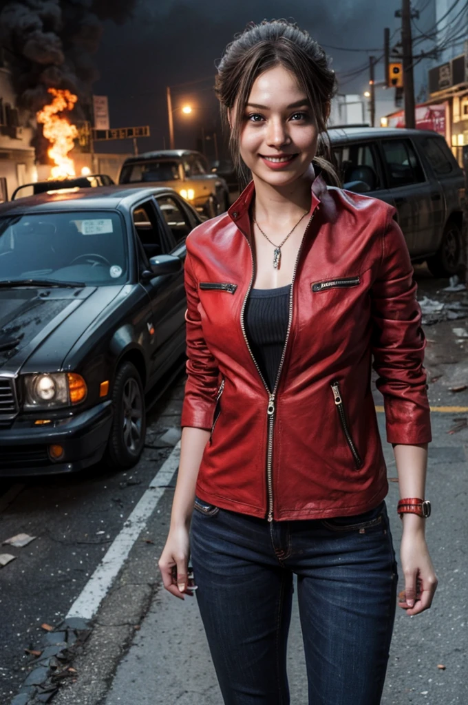 1girl, (realistic),(hyperrealism),(best quality),(masterpiece),(ultra high res),(photorealistic),idol,eye makeup,detailed eyes,detailed face,black dress, claireredfield2, brown hair, (red jacket:1.2), ponytail, (denim pants:1.3),, red wristband,, abandoned street, burning cars in background, littered street, smoke, chaos, zombie apocalypse, daytime, sunny,, hands in pocket, looking at viewer, smiling, closeup shot