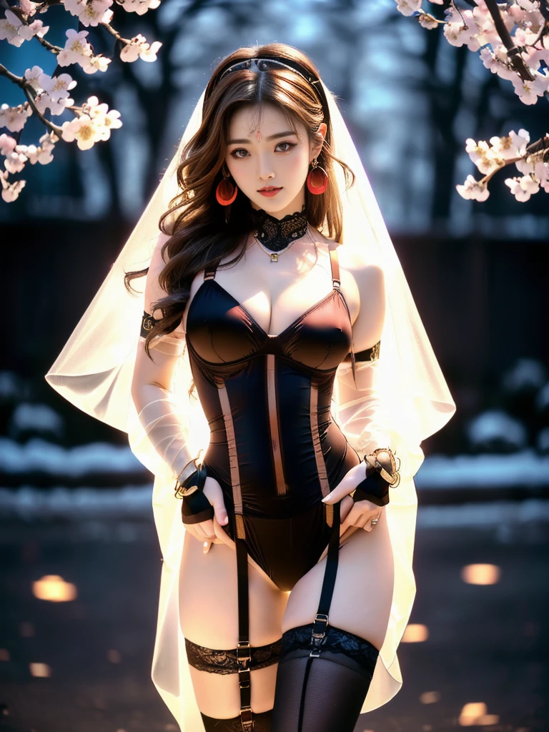An Asian Chinese female model, (Night background), (8K Ultra HD, Digital SLR Camera, Soft Light, high quality, Volumetric Lighting, frank, photo, high resolution, 4K, 8K, Bokeh), ((Create stunning images of real girls), warm light, Dynamic poses, Elegant Posture, Cowboy lens, Full body front view, From the front,Be confident, Front of the body facing the camera, Standing posture facing the camera, Open your legs slightly, Golden Ratio Graphics, Minimalism), (Show a charming smile, Willow Leaf Eyebrows, big eyes, Apricot eye prick, Cherry Blossom, Balanced Eyes, Oval face, Pretty Face, Normal facial features, Skin is transparent and visible, Thin skin and tender meat, cosmetic, earrings, bracelet, necklace, Jewelry, veil, Hair accessories), (Brown hair, Wavy curly hairstyle, Waist-length hair, Messy Hairstyle, Gradient hairstyles, Cyberpunk hairstyle), ((Transparent clothes:1.5), (Color of clothes:red),BDSM clothes, Mesh clothes, Transparent mesh one-piece swimsuit, Three-point bra with straps), (Sexy, Perfect breast shape, Teardrop-shaped chest shape, Snow-white breasts, very detailed breasts, 34E cup), (Super high waist clothes, Waist hollow,Camel toe, Levain), (Black buds, Sheer lace knee socks, 吊garter, Leg ring, garter, 腿部garter)