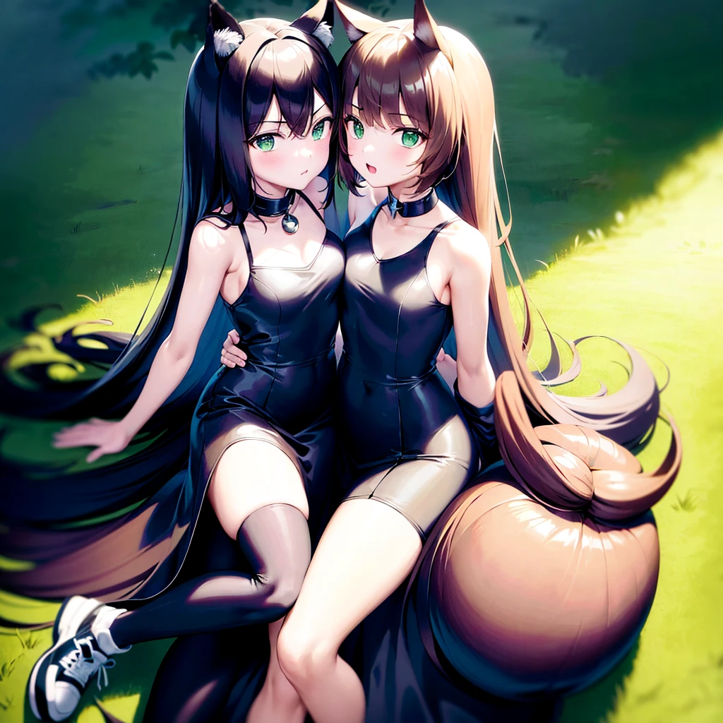 Best quality, (connected_dicephaly:1.1), (2 heads:1.4), 1 girl, one girl, black dress, White running shoes, Brown hair, green eyes, cat ears, two heads.