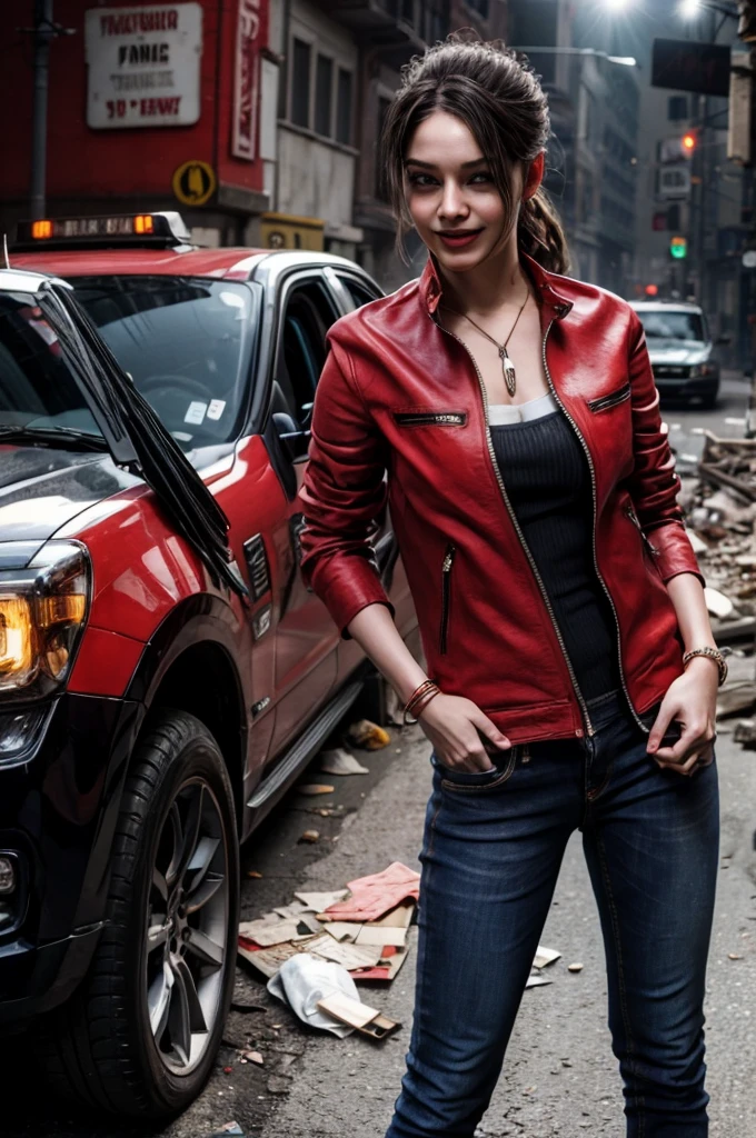 1girl, (realistic),(hyperrealism),(best quality),(masterpiece),(ultra high res),(photorealistic),idol,eye makeup,detailed eyes,detailed face,black dress, claireredfield2, brown hair, (red jacket:1.2), ponytail, (denim pants:1.3),, red wristband,, abandoned street, burning cars in background, littered street, smoke, chaos, zombie apocalypse, daytime, sunny,, hands in pocket, looking at viewer, smiling, closeup shot