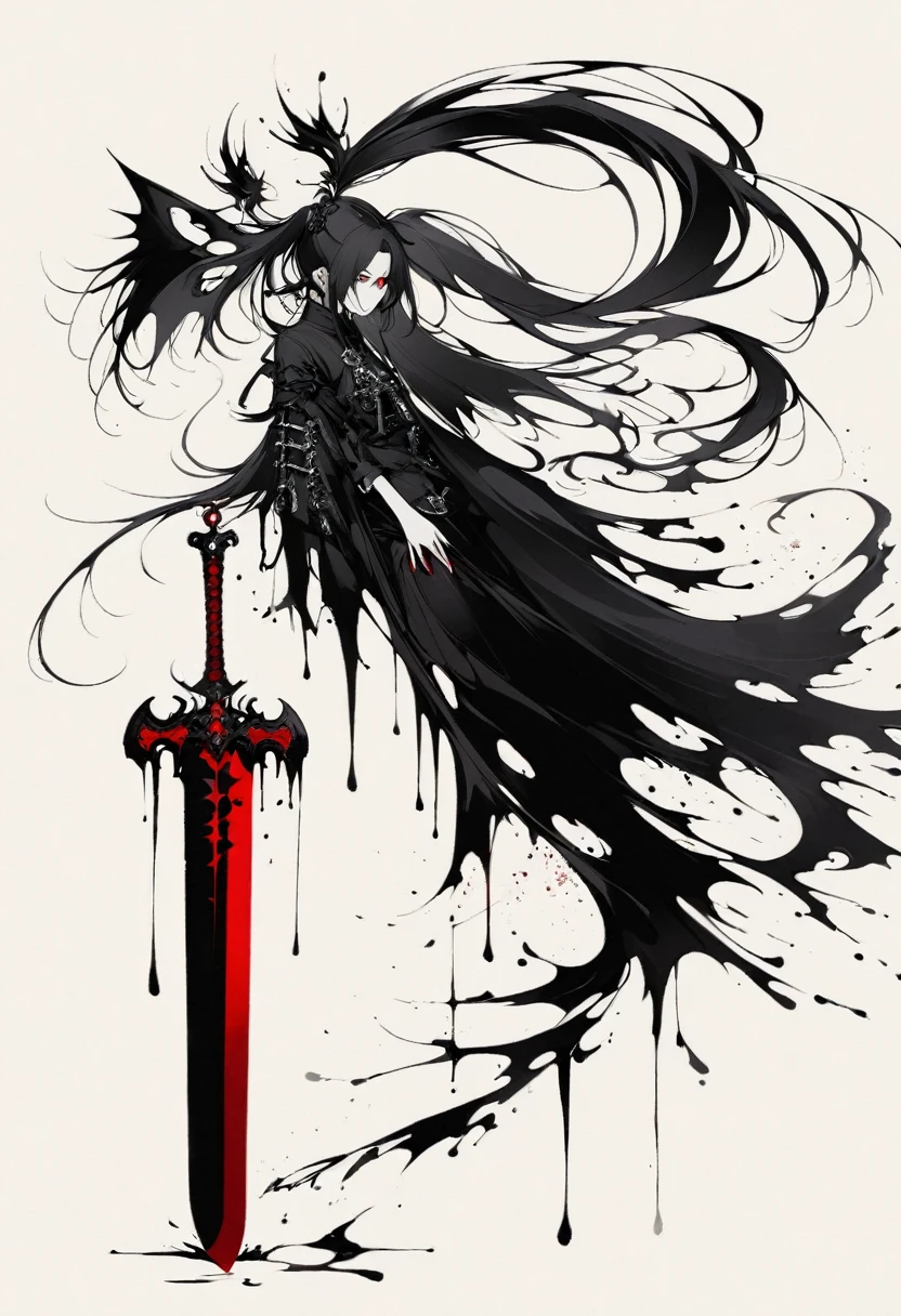 Double ponytail long hair,Blood Sword,Gothic,Minimalism,Lineism,Lots of white space,Ink Painting,abstract,