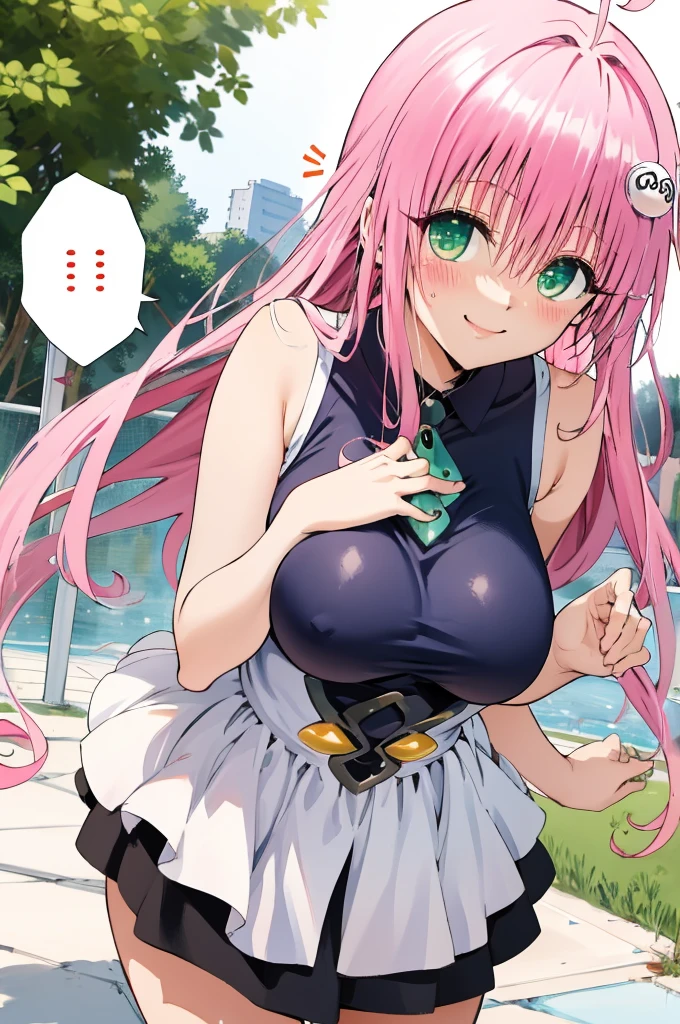, aalala, long hair, ahoge, hair ornament, green eyes,pink, , huge breasts,,,looking viewer,,,nature,smile,(blush),sleeveless,miniskirt,