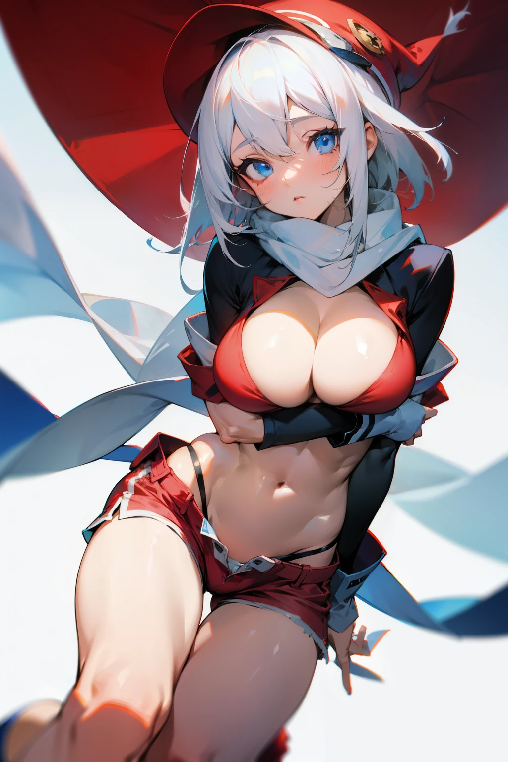 Cute girl, white hair, blue eyes, red hat, white scarf, big breasts, exposed stomach, short pants 