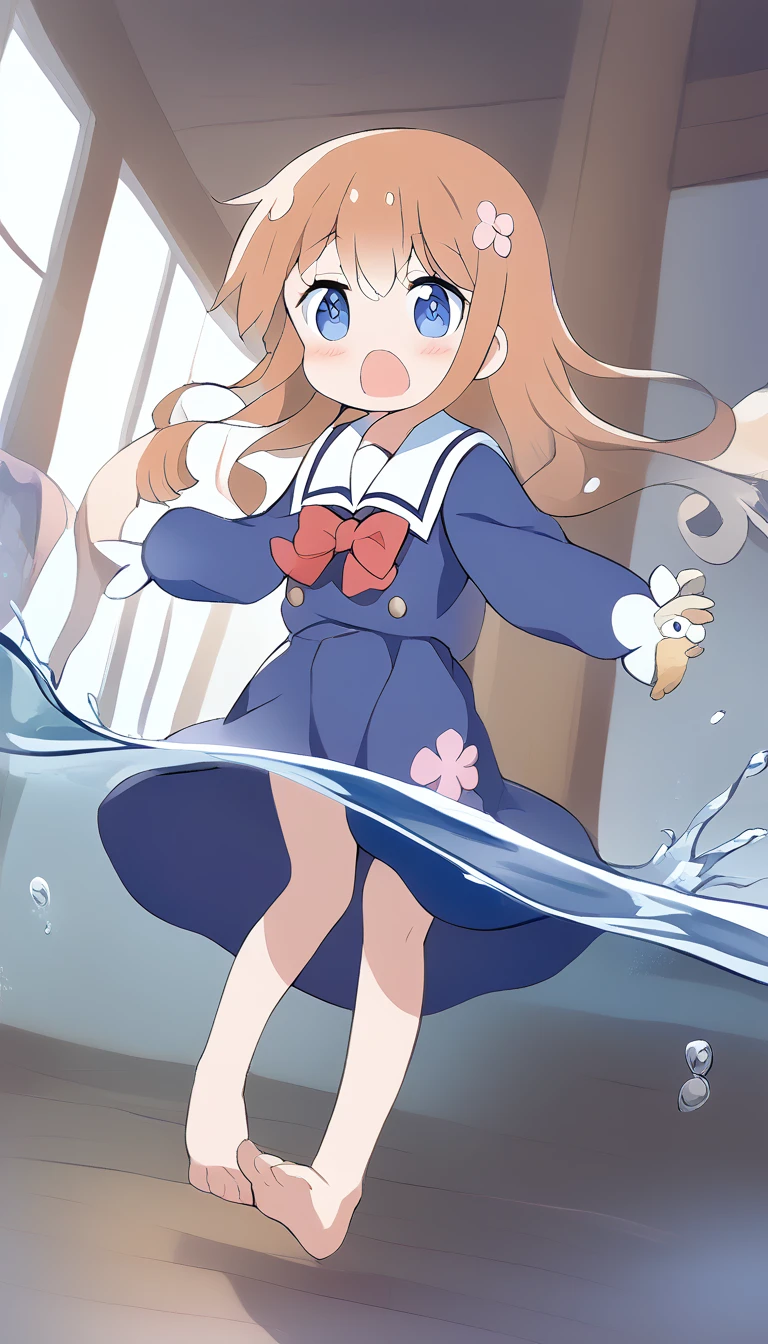 score_9, score_8_up, score_7_up, source_アニメ, masterpiece, 1girl, (work), blue dress, white sailor collar, red bowtie, white long sleeves, full body, looking at viewer, indoors, open mouth, Water Play, Primary school students、(Skirt fully open)、Long wide skirt、cute、(White underwear)、blush、Watery eye、Lots of water、Wet、((The skirt spreads over the water surface.))、(Drowning)、Underwater Shot Of The Swimming pool