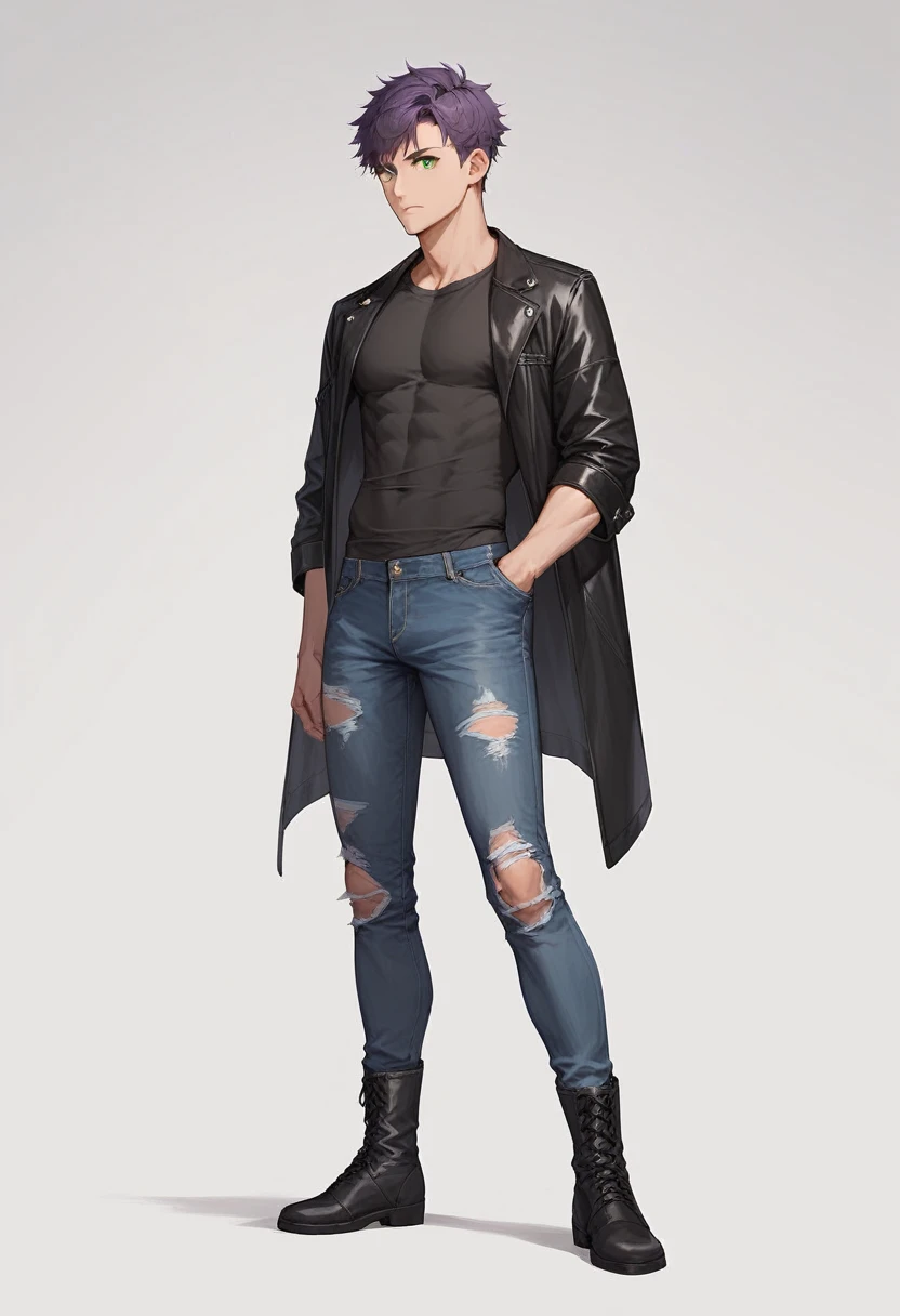 1 man, purple short hair, green eye color, black ripped jeans, black boots, Black leather jacket, dark gray t-shirt, White background, standing straight