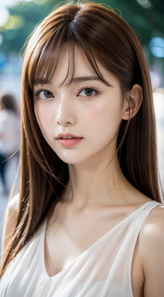 1womanl, up of face, mideum breasts, light brown hair, Blunt bangs, hair behind ear, hair over shoulder, Long hair, slender body shape, Ultra Fine Face, Thin face, Delicate lips, Beautiful eyes, thin blush, eyes are light brown, perfect glossy skin, flawless skin, Glistening sweat,View here, Ultra-thin hands, Ultra-fine fingers, best ratio four finger and one thumb, (realisitic:1.3), See-through white blouse. An amusement park, One-person viewpoint, Fuji Film, F/1.2, 8K, masutepiece, nffsw, Super Detail, High quality, Best Quality, hight resolution