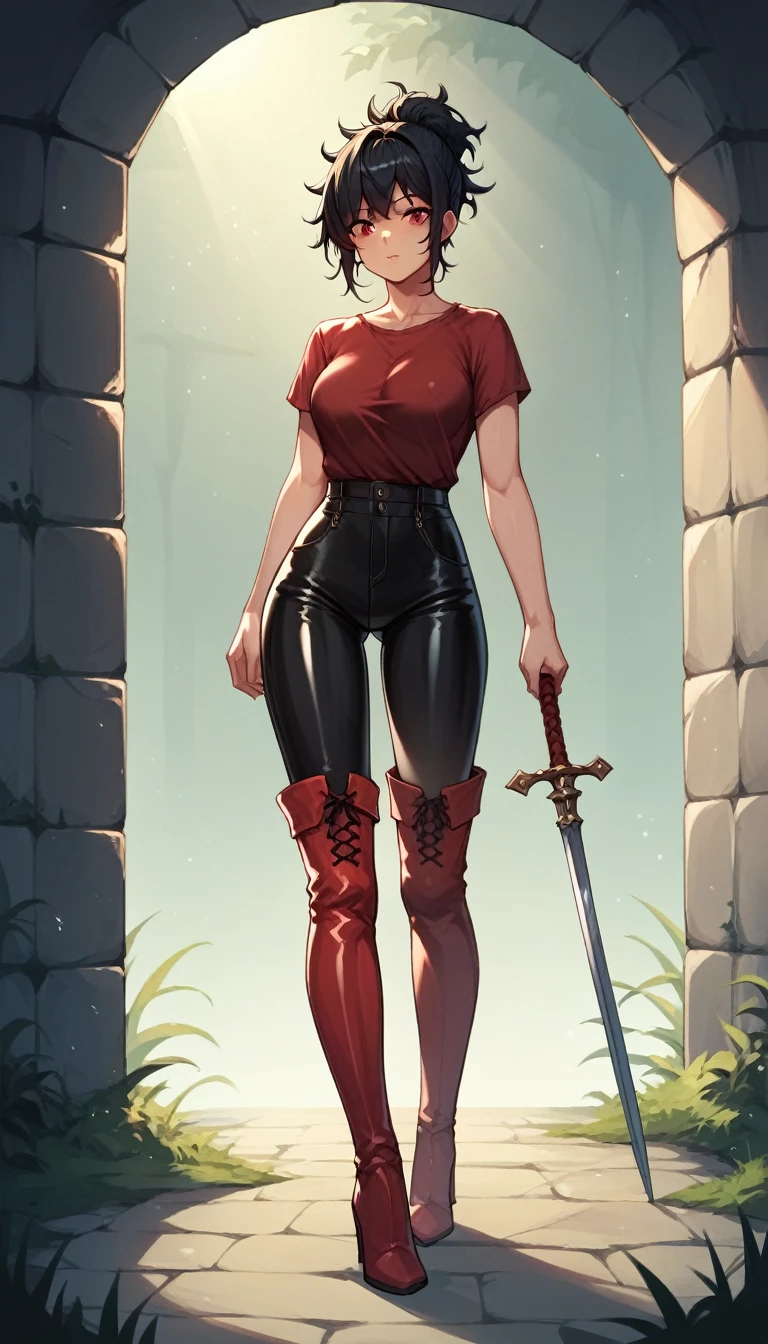 score_9, score_8_up, score_7_up, score_6_up, score_5_up, score_4_up, source_anime, 1girl,black hair, hair bun, red eyes,lush breasts, w-w-chain,ponytail, messy hair,latex shirt,pants,thigh high boots,blue and red boots,high heels,dungeon, best quality, best res, 4K UHD,