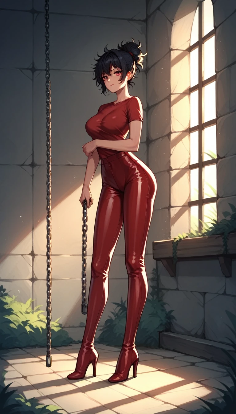 score_9, score_8_up, score_7_up, score_6_up, score_5_up, score_4_up, source_anime, 1girl,black hair, hair bun, red eyes,lush breasts, w-w-chain,ponytail, messy hair,latex shirt,pants,thigh high boots,blue and red boots,high heels,dungeon, best quality, best res, 4K UHD,