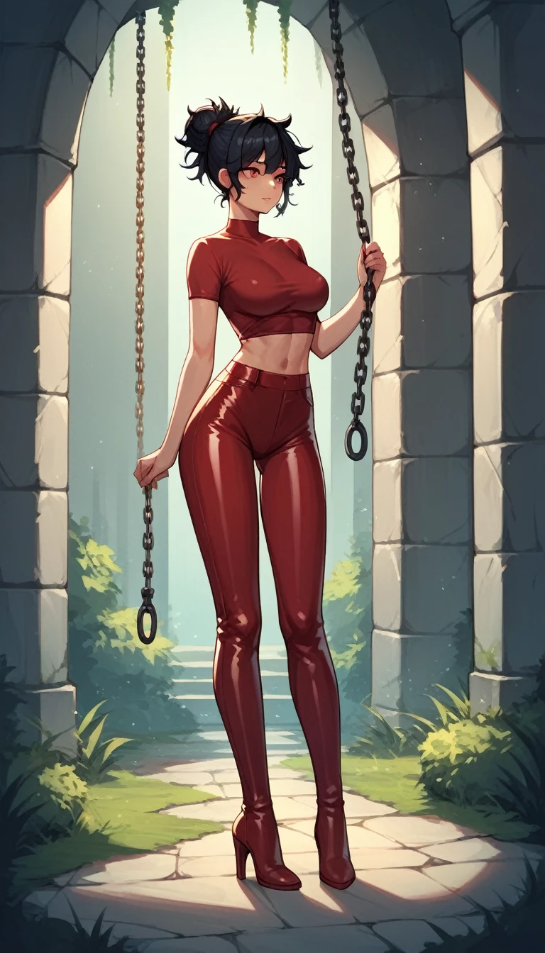 score_9, score_8_up, score_7_up, score_6_up, score_5_up, score_4_up, source_anime, 1girl,black hair, hair bun, red eyes,lush breasts, w-w-chain,ponytail, messy hair,latex shirt,pants,thigh high boots,blue and red boots,high heels,dungeon, best quality, best res, 4K UHD,