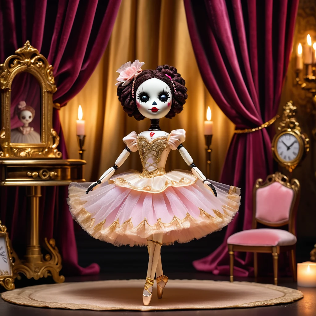 (knitted toy voodoo doll:1.5), (Voodoo Doll on a Grand Ballet Stage:1.3), (Clothing: elegant ballet attire with a tutu and ballet shoes:1.0), (Accessories: enchanted music box emitting a graceful glow, floating ballet slippers:1.1), (background: opulent theater stage with velvet curtains, ornate decor, and a refined artistic atmosphere:1.2), best quality, masterpiece, detailed soft oil painting, detailed background, dramatic cinematic lighting, soft edge lighting, professional, dramatic lighting, hard edge lighting, ultra quality, 4k,masterpiece, best quality, 8k, ultra highres, highres, extremely detailed