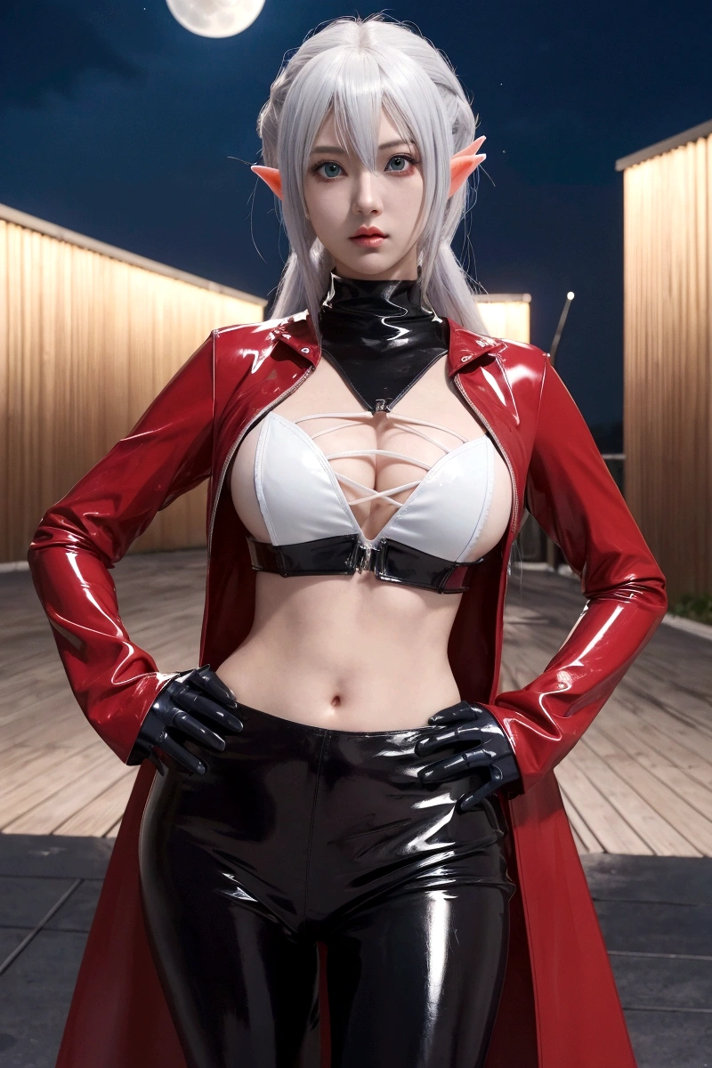 anime girl in latex outfit posing for a picture in front of a full moon, badass anime 8 k, v from devil may cry as an elf, female protagonist 👀 :8, 2b, 2 b, portrait of a female anime hero, character from king of fighters, best anime 4k konachan wallpaper, badass pose, highly detailed exquisite fanart