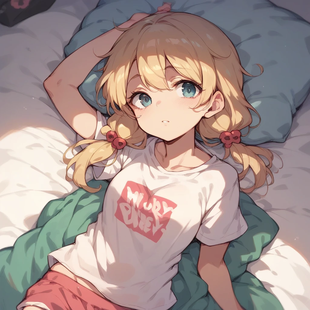 (Crossdresser),blonde low twintails,Her breasts are visible through the gaps in her clothes,Top view,Voyeur,T-Shirts