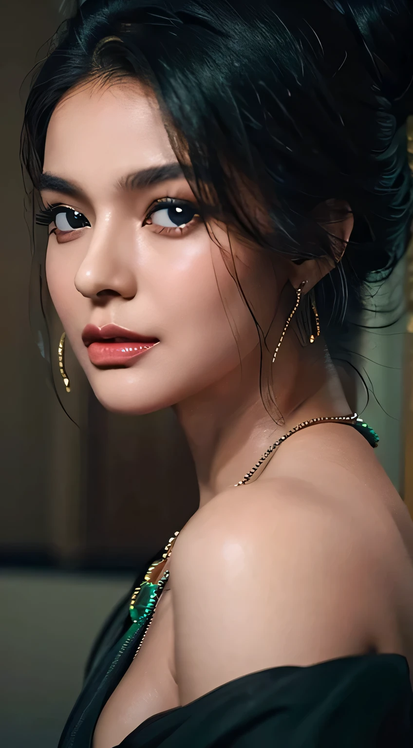  Amazing portrait of a sexy woman with a beautiful face emphasized by amazing makeup and beautifully detailed eyes with perfect lips wearing her black hair in a messy bun blushing intensely as she's flustered and lustful wearing some elegant earrings and a black blouse paired with a sheer dark green saree making her look hot with vibrant colors and soft lighting
