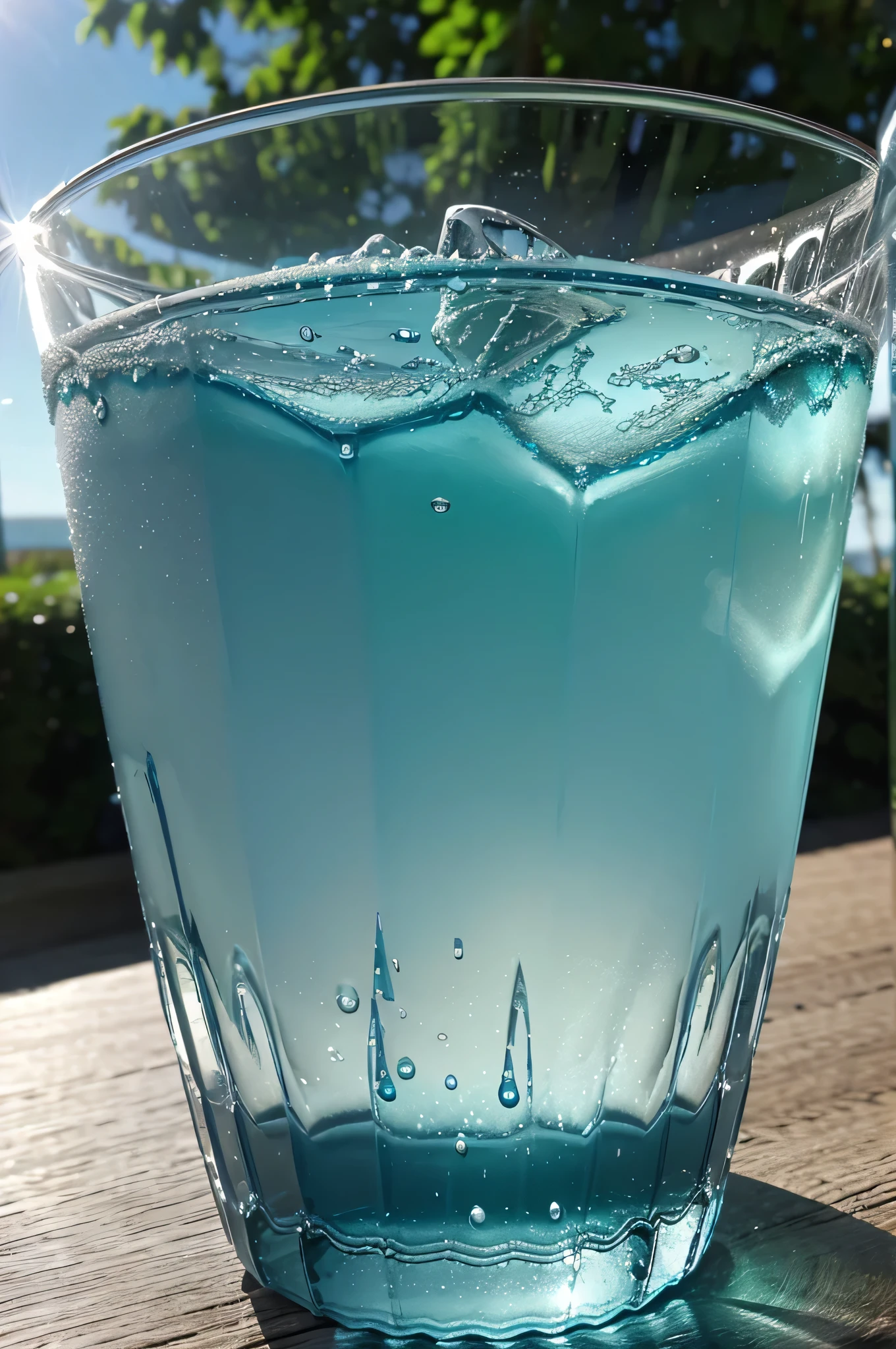 Text Prima Leben Statt Klima Kleben in gradient green-blue color on left; blue water drop falling into blue glass with ice cubes, straw, and sun rays on right.