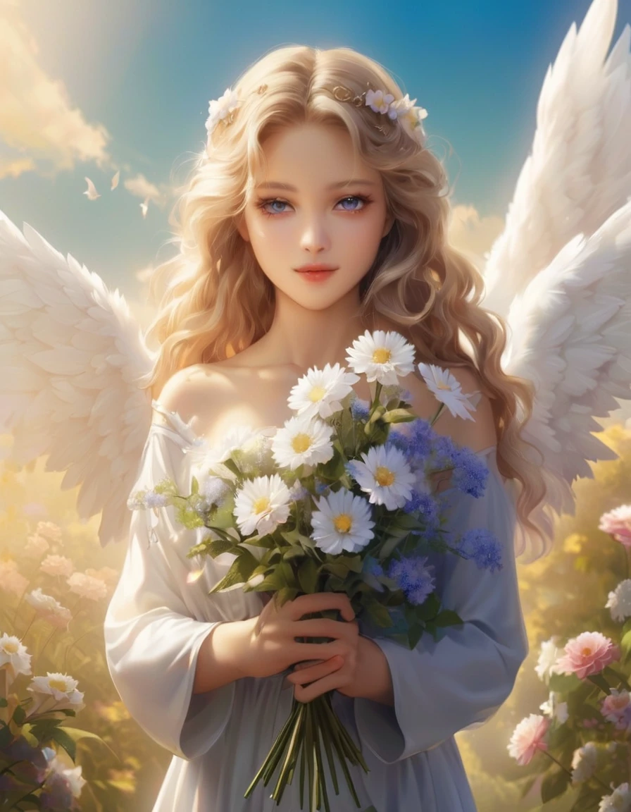 Close-up of a woman holding a bouquet, Beautiful angel, of an beautiful Angelic少女, Beautiful woman angel, portrait of a Beautiful angel, beautiful Angelic少女 portrait, of Beautiful angel, Angelic少女, Marie Angel, Angelic, Angelical, Angelic羽を持つ少女, Winged girl angel, Angelic絵がいっぱい, Beautiful digital art, Angel themed