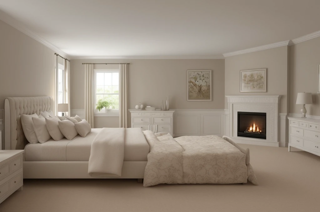there is a bed with a white comforter and a fireplace in the corner, bedroom interior, well lit 3 d render, warm interior, dimly lit bedroom, 3 d render even lit, realistic soft lighting, highly detailed soft lighting, warm lighting interior, soft natural volumetric lighting, dim bedroom, photorealistic room, natural light in room, soft ambient lighting