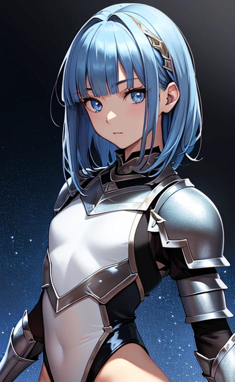 ()、(masterpiece:1.5、Photorealistic:1.4,anime coloring:1.4、high resolution:1.4)、,(spot light:1.2、Exquisite beautiful eye:1.5,)、(stand:1.5)、()、(upper body:1.5)、
(kind eyes、tareme:1.4),()、(Cute Face)、(blue hair:1.5)、(middle hair:1.5),(sidelock :1.6),(blunt bangs:1.3),(1 girl)、(blue eyes:1.2)、(clear face:1.5),()、(solo)、(metal black :1.5) ,(Abdominal muscles),(small breasts),(),(leotard armor:1.5),(Leg guard)、()、()、Slim Body(),Shiny Hair、