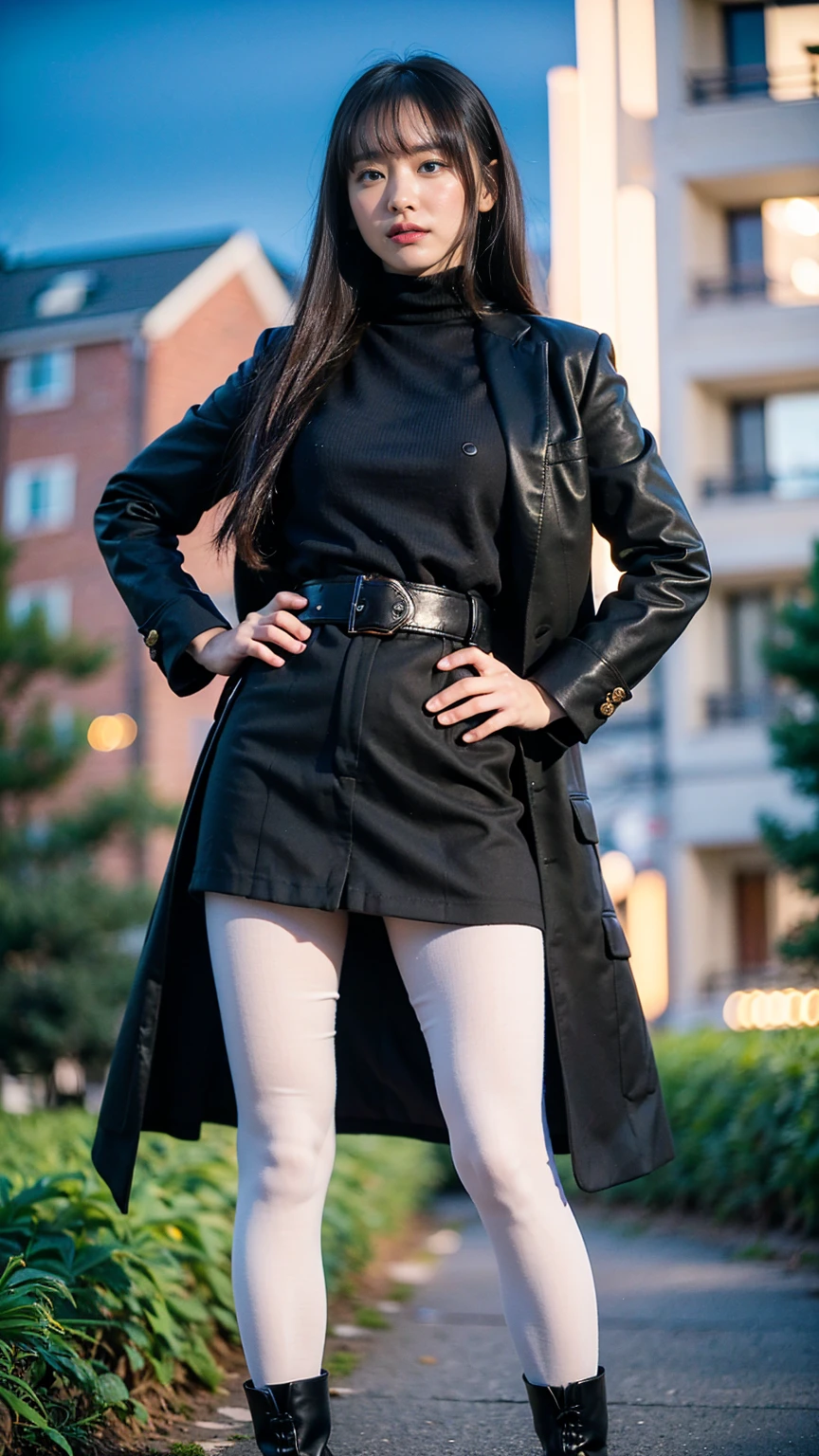(8K、RAW Photos、Highest quality、masterpiece:1.2)、(Realistic、Realistic)、1 Girl、((Check mini skirt、Long coat、black、Thin legs、whole body、boots、one piece、tights、Night Park、View from the front、Looking into the camera、belt、Stand with hands on hips))、cute