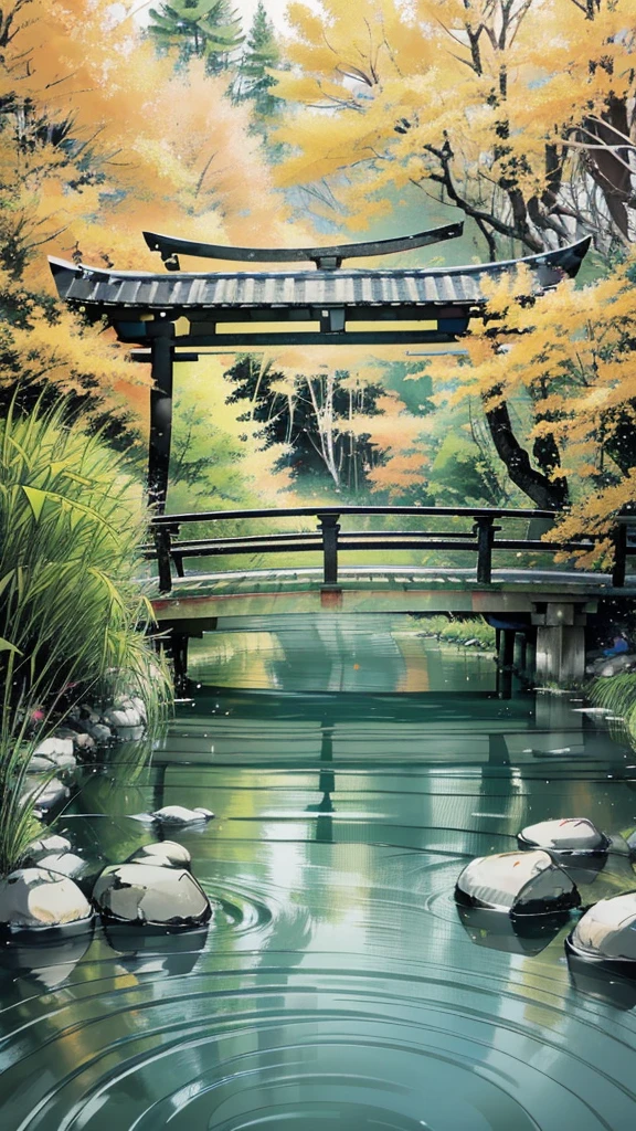 a bright red torii gate,dense bamboo forest,spiritual temple in japan,majestic honden,elegant curved roof,surrounded by maple trees,golden leaves,tranquil temple grounds,sacred spring,flowing water,soothing murmur,statues of buddha and shinto gods,gracefully arranged,neatly laid stone paths,clear blue sky,landscape,(best quality,4k,8k,highres,masterpiece:1.2),ultra-detailed,(realistic,photorealistic,photo-realistic:1.37),HDR,UHD,studio lighting,ultra-fine painting,sharp focus,physically-based rendering,extreme detail description,professional,vivid colors,bokeh,landscape