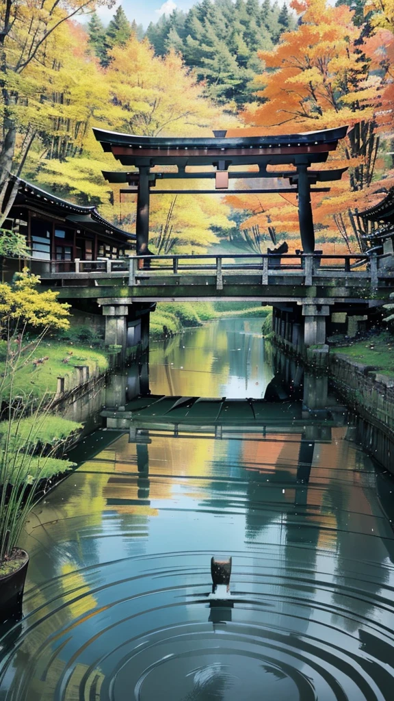 a bright red torii gate,dense bamboo forest,spiritual temple in japan,majestic honden,elegant curved roof,surrounded by maple trees,golden leaves,tranquil temple grounds,sacred spring,flowing water,soothing murmur,statues of buddha and shinto gods,gracefully arranged,neatly laid stone paths,clear blue sky,landscape,(best quality,4k,8k,highres,masterpiece:1.2),ultra-detailed,(realistic,photorealistic,photo-realistic:1.37),HDR,UHD,studio lighting,ultra-fine painting,sharp focus,physically-based rendering,extreme detail description,professional,vivid colors,bokeh,landscape