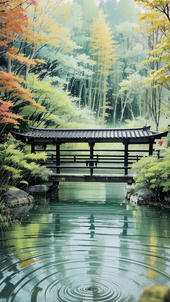 a bright red torii gate,dense bamboo forest,spiritual temple in japan,majestic honden,elegant curved roof,surrounded by maple trees,golden leaves,tranquil temple grounds,sacred spring,flowing water,soothing murmur,statues of buddha and shinto gods,gracefully arranged,neatly laid stone paths,clear blue sky,landscape,(best quality,4k,8k,highres,masterpiece:1.2),ultra-detailed,(realistic,photorealistic,photo-realistic:1.37),HDR,UHD,studio lighting,ultra-fine painting,sharp focus,physically-based rendering,extreme detail description,professional,vivid colors,bokeh,landscape