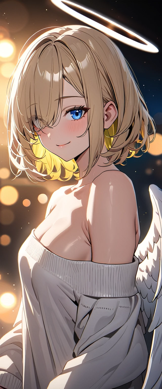 ((angel, big big white wings:1.3, halo:1.3)), (((upper body))), ((flying)), archangel Uriel, ((wavy hair, outward curled hair)), evening, Sunset, ((blond hair, bob cut:1.3)), breasts, teenager, (looking at viewer), oversized clothes, puffy long sleeves, collarbone, ((off-shoulder sweater dress:1.3, Quite thick shoulder straps)), (((sleeves past wrists:1.3))), ((white sweater)), collarbone, head tilt:1.3, (((blue eyes))), ((happy smile)), (((anime style))), (best quality, 4K, 8K, highres, masterpiece:1.2, ultra-detailed, ultra-detailed eyes, HDR, uhd, studio lighting, ultra-fine painting, sharp focus, physically-based rendering, extreme detail description, professional, vivid colors, bokeh), ((Highest quality, Best image quality, Ultra-high resolution, Ultra-high resolution, solo, Strong eye highlights)), Depth of written boundary, Natural soft light, attractive, Beautiful Face, Cleanliness, Pure Face, medium chest, Beautiful Face, Perfect Fingers, Perfect hands, Perfect body, Perfect Face, Shine a light into your eyes, Perfect Anatomy