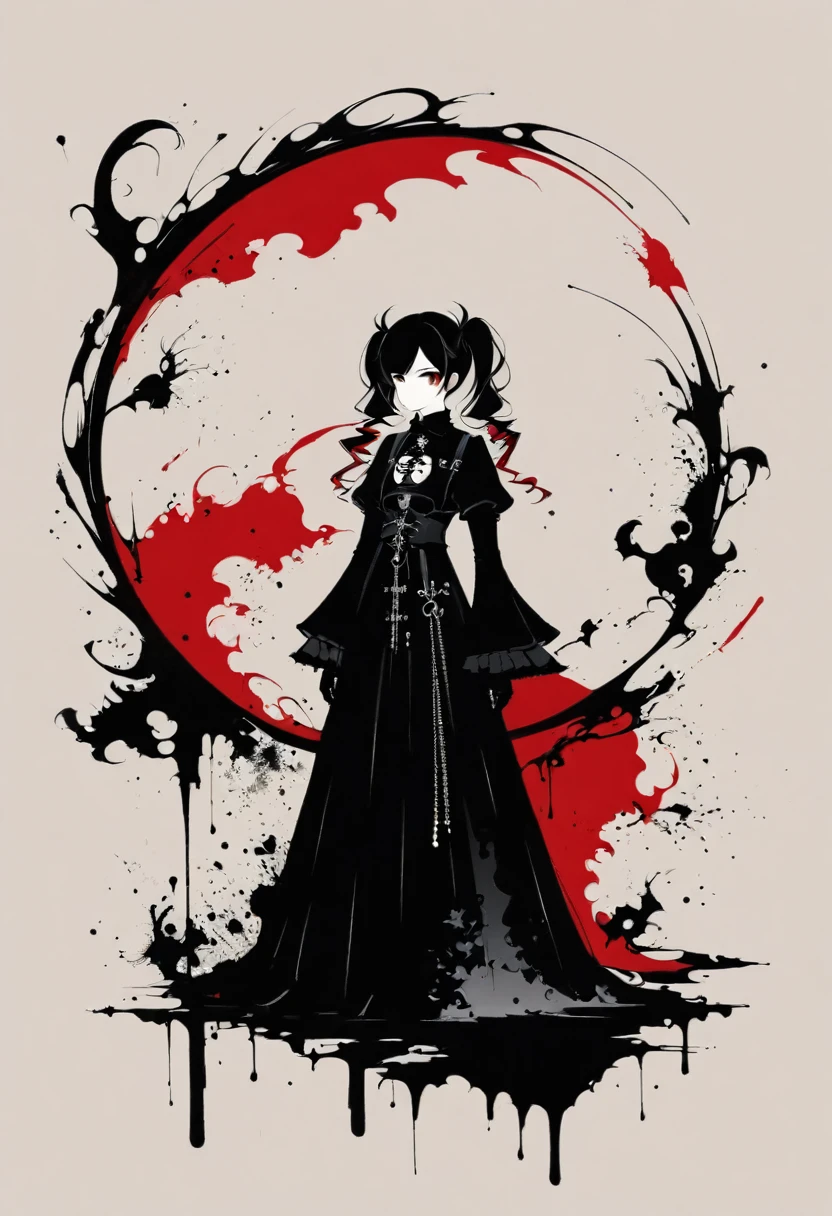 A girl with twin pigtails, gothic style, minimalism, linear style, vast negative space, ink painting, abstract