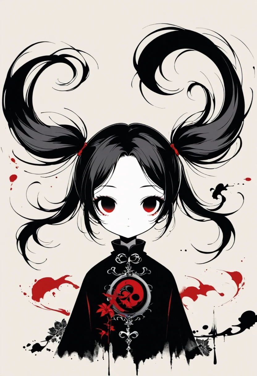 A girl with twin pigtails, gothic style, minimalism, linear style, vast negative space, ink painting, abstract