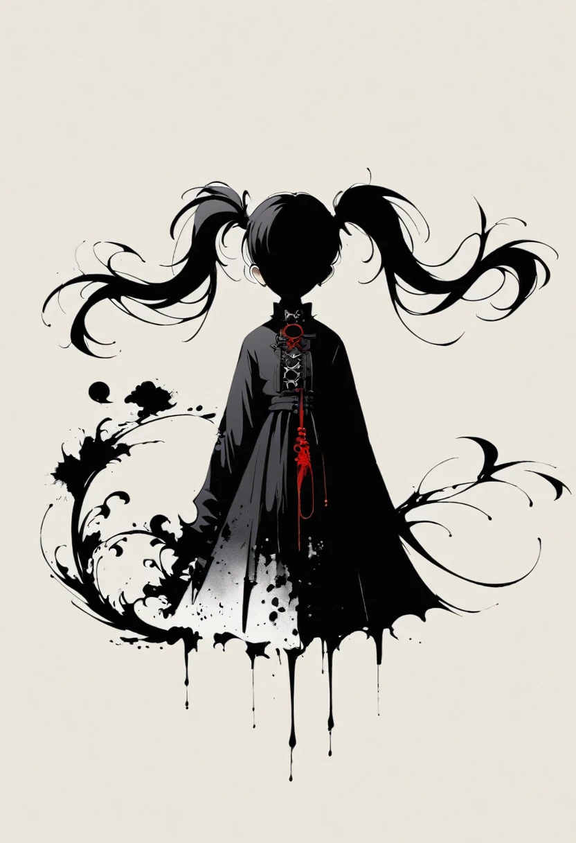 A girl with twin pigtails, gothic style, minimalism, linear style, vast negative space, ink painting, abstract