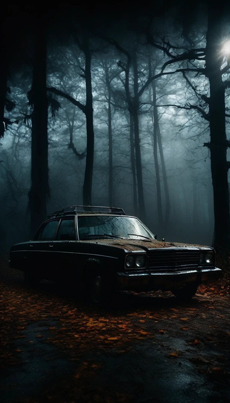 Inside the car, the car interior remains dimly lit, with the foggy forest road and twisted trees visible through the windows. Cinematic, high contrast, spooky.
