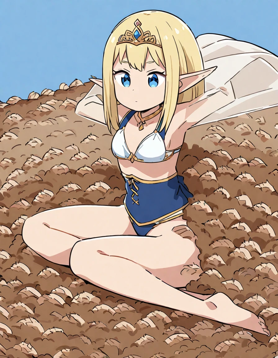 A beautiful, high-quality 2D anime-style illustration created in the style of a collaboration between ufotable and Makoto Shinkai. A 30-year-old blonde, blue-eyed elf with long legs stands in a disturbing pool of mealworms. She is wearing a very cute bikini and a tiara that gives her the appearance of a noble Japanese princess. The mealworm pool is brown and murky, with countless mealworms writhing and the surface constantly moving, creating an eerie atmosphere. The background features a vivid blue sky. The overall mood is a unique blend of beauty and eeriness, with the elf's expression and posture suggesting an impending marriage with the mealworms.