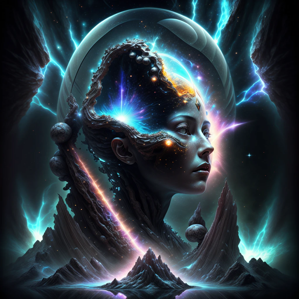 A dimensional rift forming in the mind of a beautiful alien goddess, fluidic physics, cosmic theme, photo realistic, highly detailed, dynamic lighting,volumetric lighting, chiaroscuro, cinematic, ethereal, glowing, surreal, mesmerizing, transcendent, otherworldly, luminous, celestial, mystical, visionary, majestic, awe-inspiring, enigmatic, transcendental, rapturous