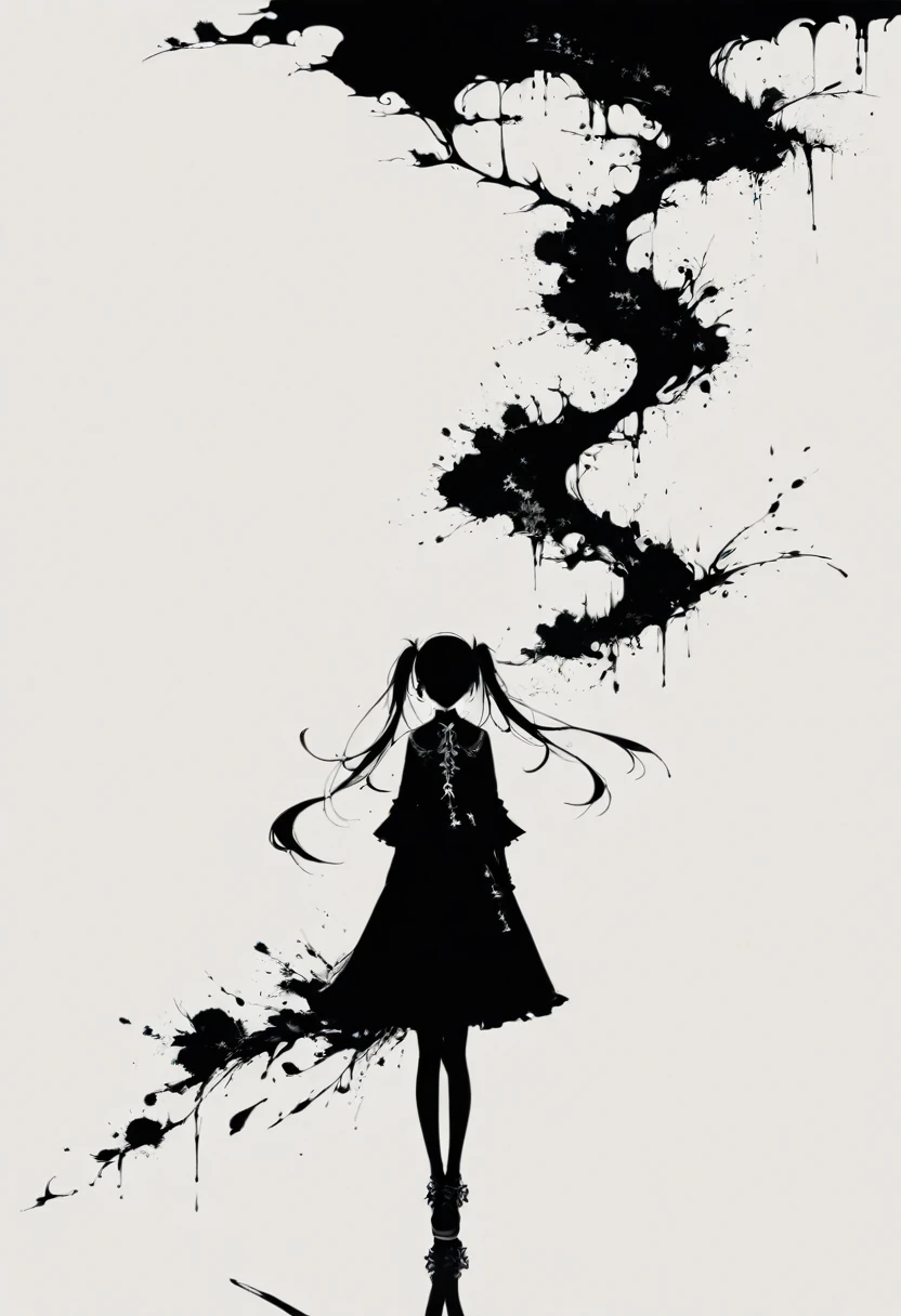 A girl with twin pigtails, gothic style, minimalism, linear style, vast negative space, ink painting, abstract