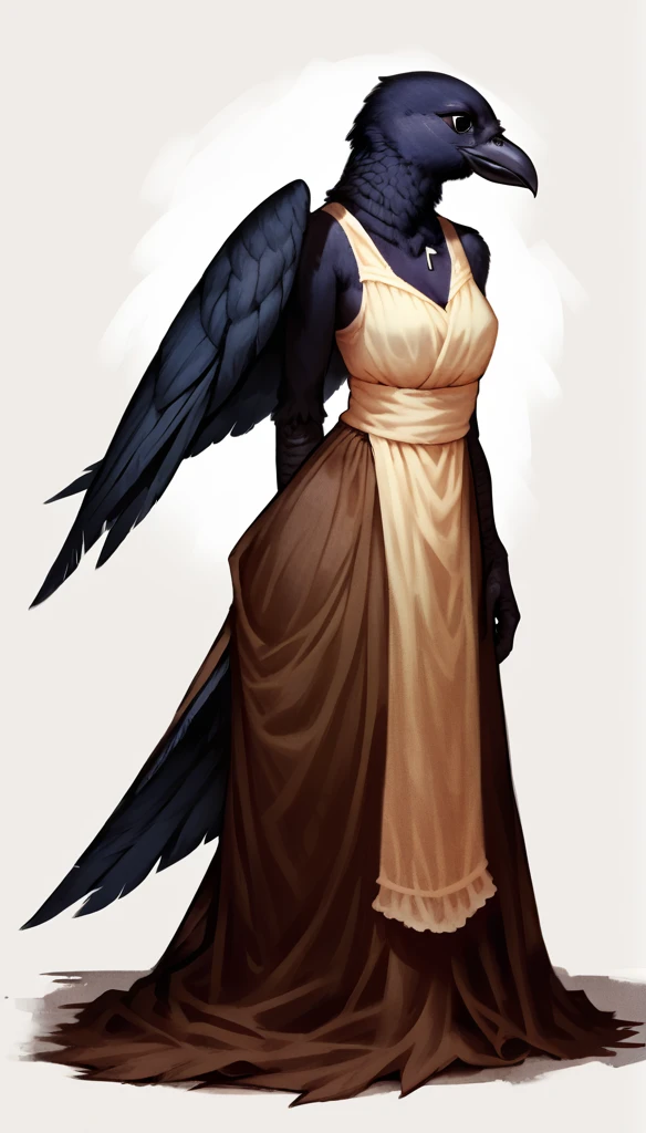 score_9, score_8_up, score_7_up, (clear simple background, white background, papyrus background), ((SFW:1.5))
(Bird, Crow:1.35)), _young, anthro, solo, (female), (fullbody, focus), (feathered, wings, tail), beautiful, (Dressed)