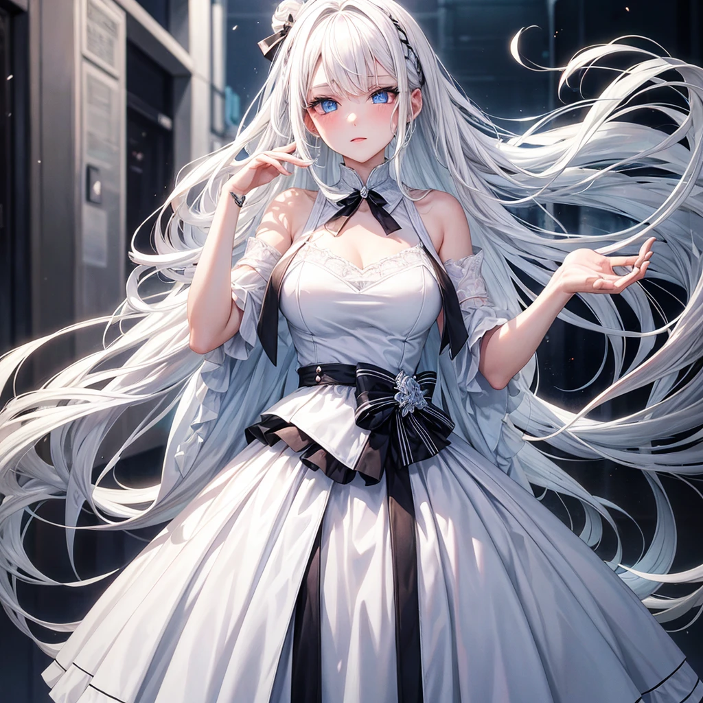 White hair girl with blue eyes and white black dress formal