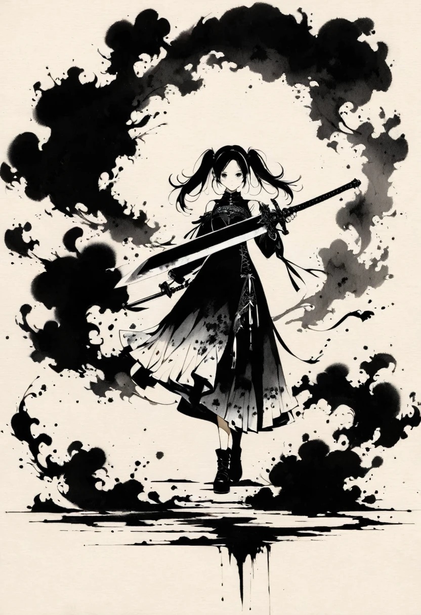 a girl with long twintails, gothic dress, holding a bloody sword, minimalist, line art, vast negative space, ink wash painting, abstract