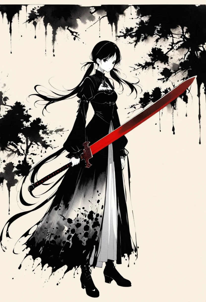 a girl with long twintails, gothic dress, holding a bloody sword, minimalist, line art, vast negative space, ink wash painting, abstract