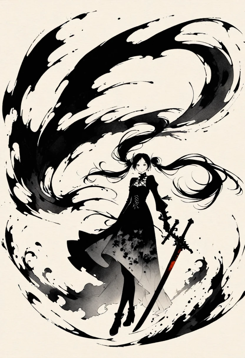 a girl with long twintails, gothic dress, holding a bloody sword, minimalist, line art, vast negative space, ink wash painting, abstract