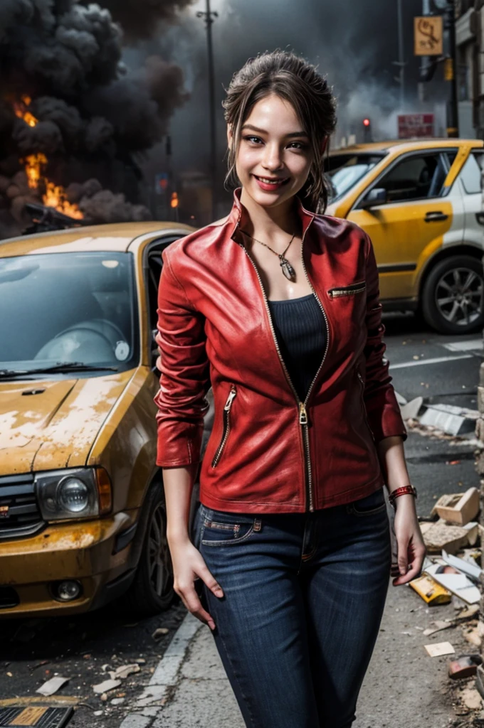 1girl, (realistic),(hyperrealism),(best quality),(masterpiece),(ultra high res),(photorealistic),idol,eye makeup,detailed eyes,detailed face,black dress, claireredfield2, brown hair, (red jacket:1.2), ponytail, (denim pants:1.3),, red wristband,, abandoned street, burning cars in background, littered street, smoke, chaos, zombie apocalypse, daytime, sunny,, hands in pocket, looking at viewer, smiling, closeup shot