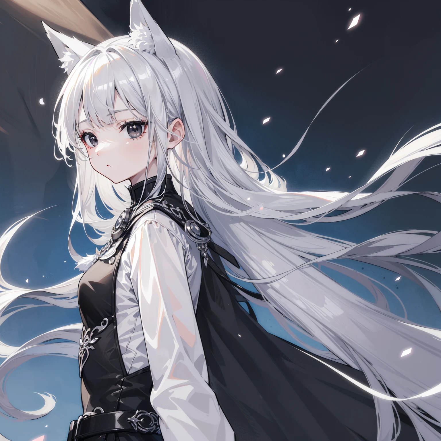 (Top image quality)、(Ultra Detailed)、(Facing forward)、top quality、masterpiece、((((1 girl))))、Silver Hair、white hair、((Long hair))、(black eyes:1.6)