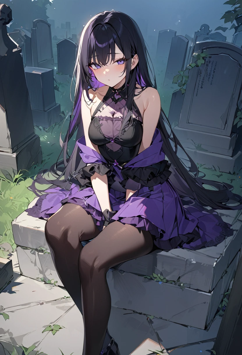 One girl, masterpiece, best quality, fair skin, beautiful girl, purple extensions, black hair, purple skirt, black tights, sitting on a grave, anime