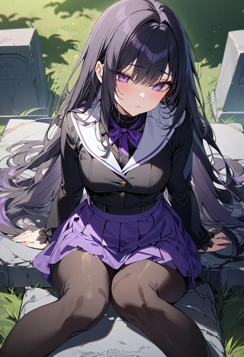 One girl, masterpiece, best quality, fair skin, beautiful girl, purple extensions, black hair, purple skirt, black tights, sitting on a grave, anime