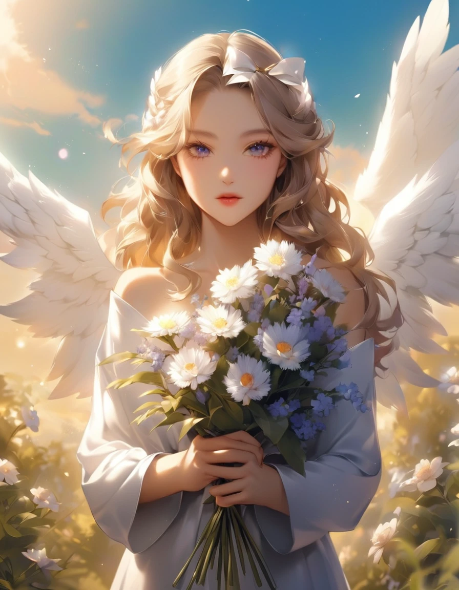 Close-up of a woman holding a bouquet, Beautiful angel, of an beautiful Angelic少女, Beautiful woman angel, portrait of a Beautiful angel, beautiful Angelic少女 portrait, of Beautiful angel, Angelic少女, Marie Angel, Angelic, Angelical, Angelic羽を持つ少女, Winged girl angel, Angelic絵がいっぱい, Beautiful digital art, Angel themed