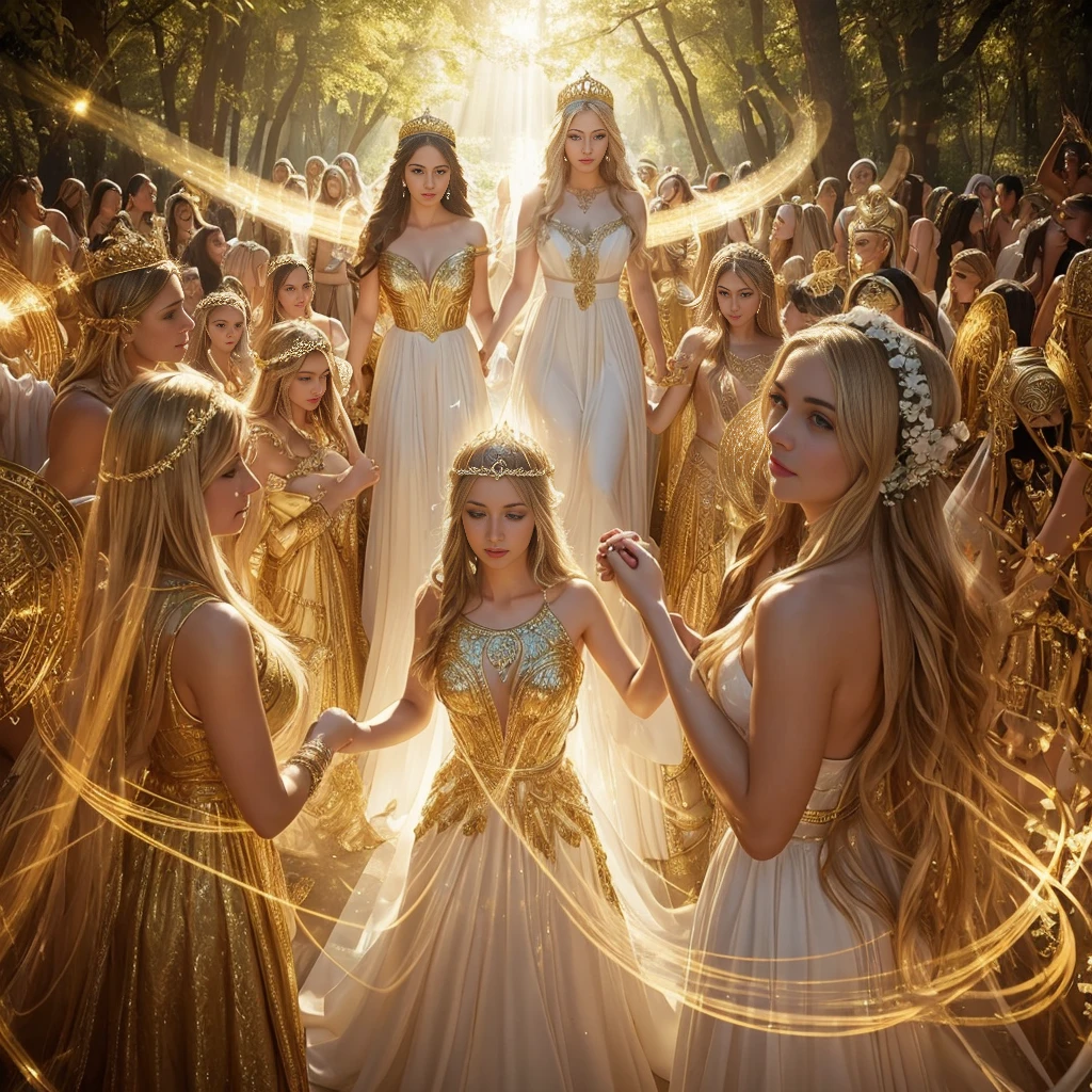 art photo, bust shot, Hyper rialistic photography, well-dressed faces, beautiful women in white and gold dresses wearing crowns, holding hands, surrounded by rays of light, forming a circle around Aphrodite, the Greek goddess of mythology, with a glowing halo overhead and a background ofEmily Balivet-esque fantasy forest.