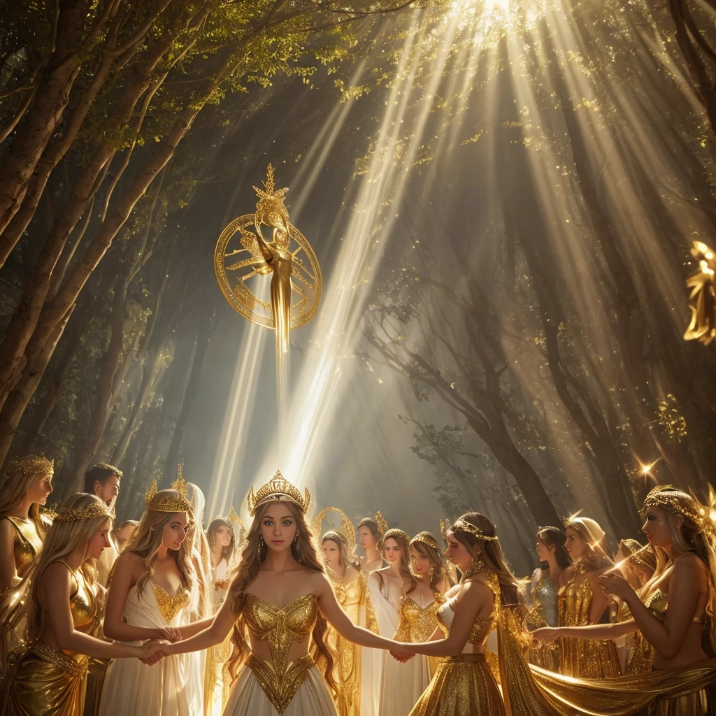 art photo, bust shot, Hyper rialistic photography, well-dressed faces, beautiful women in white and gold dresses wearing crowns, holding hands, surrounded by rays of light, forming a circle around Aphrodite, the Greek goddess of mythology, with a glowing halo overhead and a background ofEmily Balivet-esque fantasy forest.