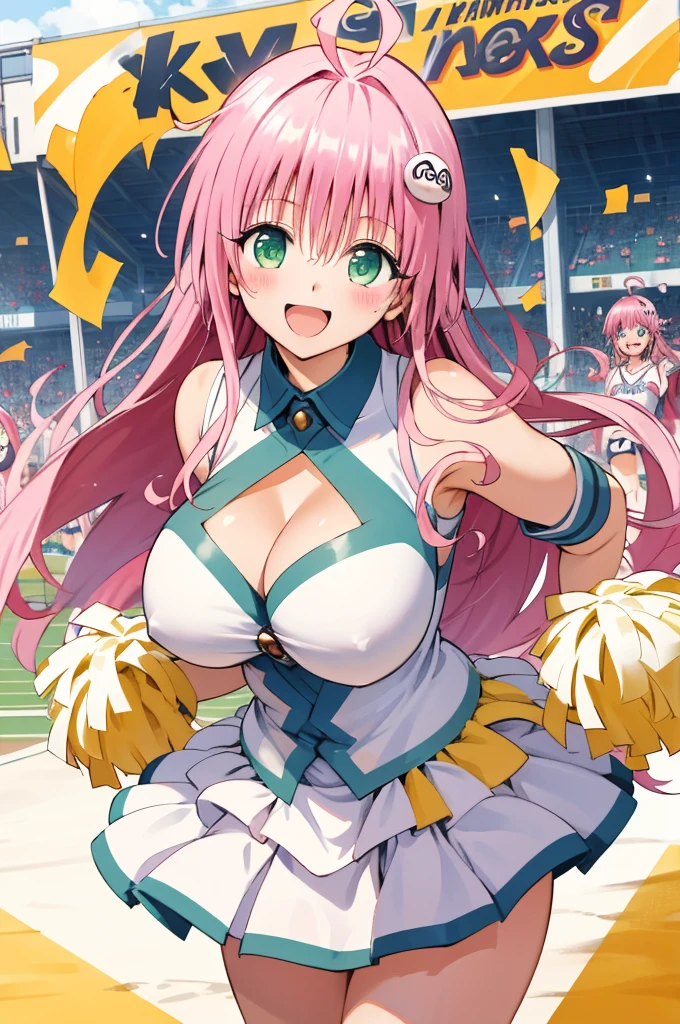 , aalala, long hair, ahoge, hair ornament, green eyes,pink, , (((huge breasts))),,,looking viewer,,,nature,smile,(blush),cheer leader costume,cleavage cutout,open mouth,miniskirt,cowboy shot