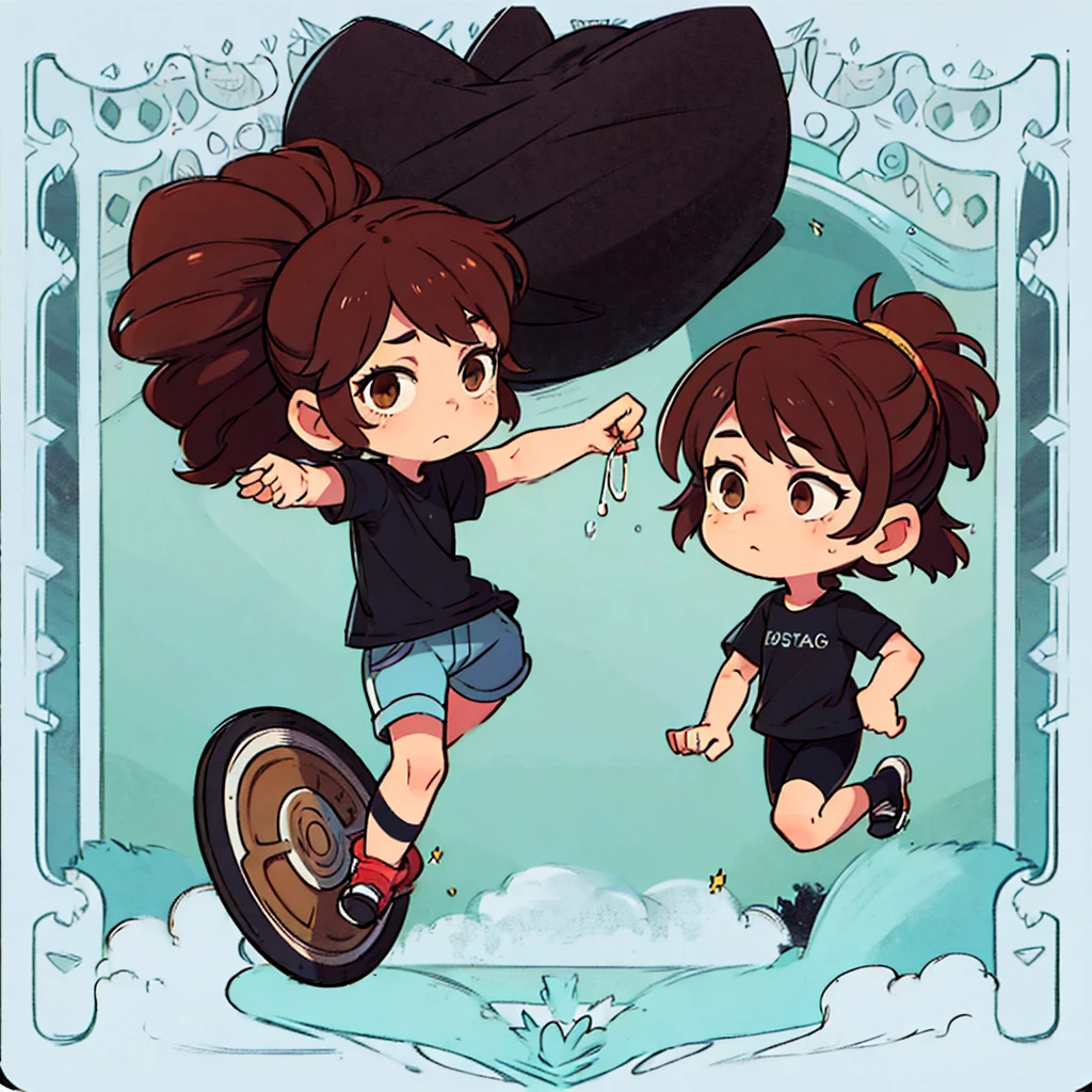 Brown hair tucked into a ponytail, brown eyes, blank look, fair skin, black T-shirt and bike shortsgacha, full body